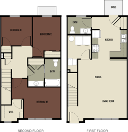 3x2 1,386 square foot floor plan at Historic Walnut Square Apartments