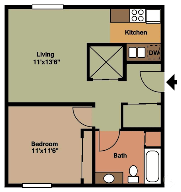 Floor Plan  1 Bedroom, 1 Bath, Lower Level Floorplan/650sqft at Parkside Manor, Coralville, 52241