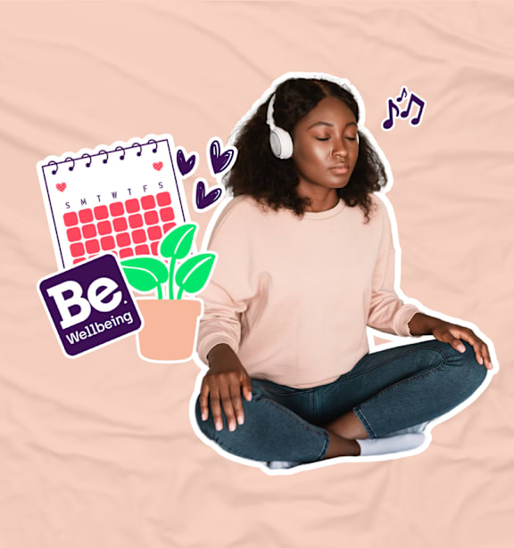 A person meditating with a calendar and a plant in the background.