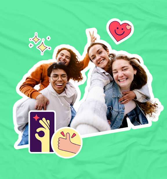 A group of people are surrounded by various emojis, including a peace sign, a heart, and a hand giving a thumbs up.