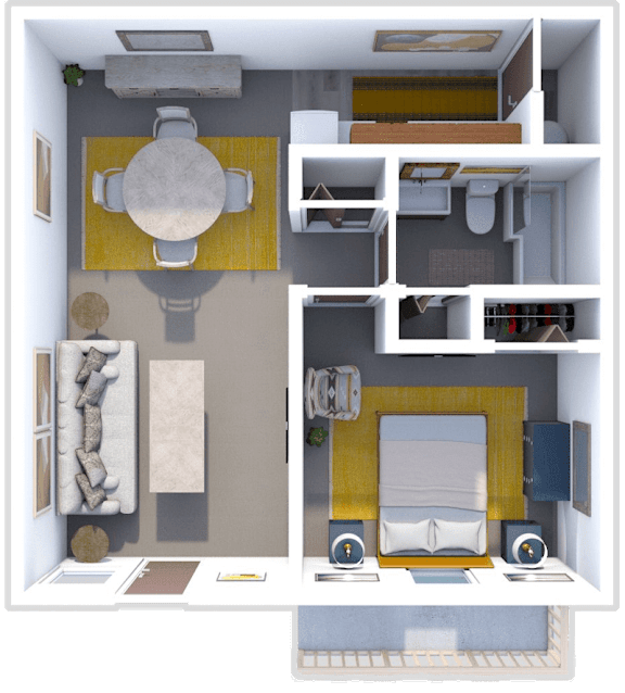a 3d rendering of a model of a house with a bedroom and living room