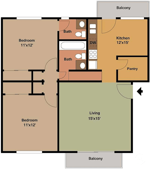 Floor Plan  Upper Levels - 2 Bedroom, 1.5 Bath 870 Sq.Ft.  floorplan at Scotsdale Apartments, Coralville