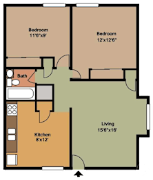 Floor Plan  2 bed 1 bath 810 Sq.Ft. floorplan at Emerald Court, Iowa City, 52246