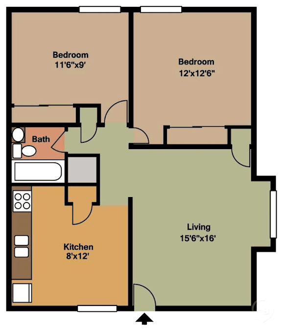 Floor Plan  2 bed 1 bath 810 Sq.Ft. floorplan at Emerald Court, Iowa City, 52246