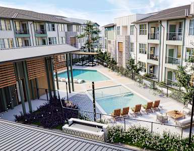 a rendering of an apartment building with a pool and patio