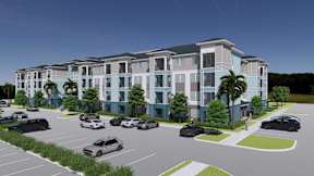 A rendering of a modern apartment complex with a parking lot in front.