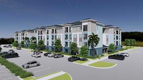 A rendering of a modern apartment complex with a parking lot in front.