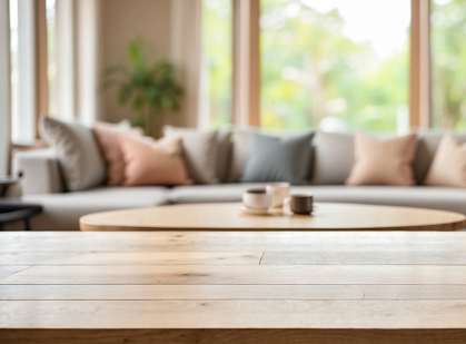 A wooden table in the foreground with a couch and plants in the background.