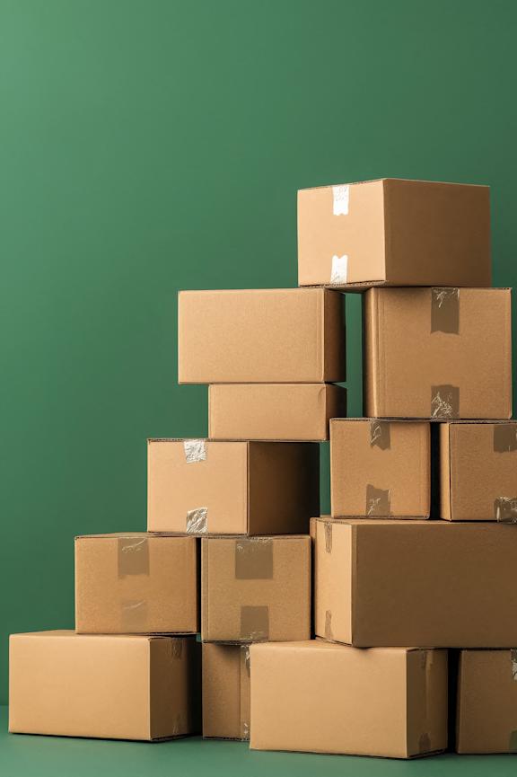 a pyramid of cardboard boxes on a green background