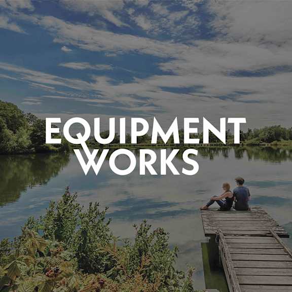 Two people sitting on a dock with the words "EQUIPMENT WORKS" overlaid on the image.