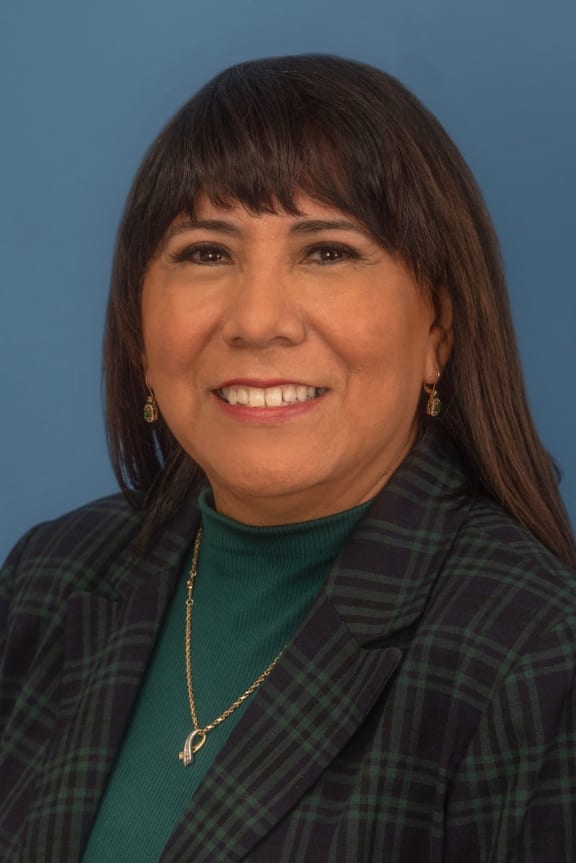 a woman with long brown hair and a green shirt and a plaid