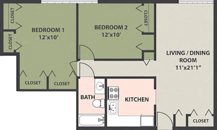  Floor Plan 2-Bedroom, 1-Bath