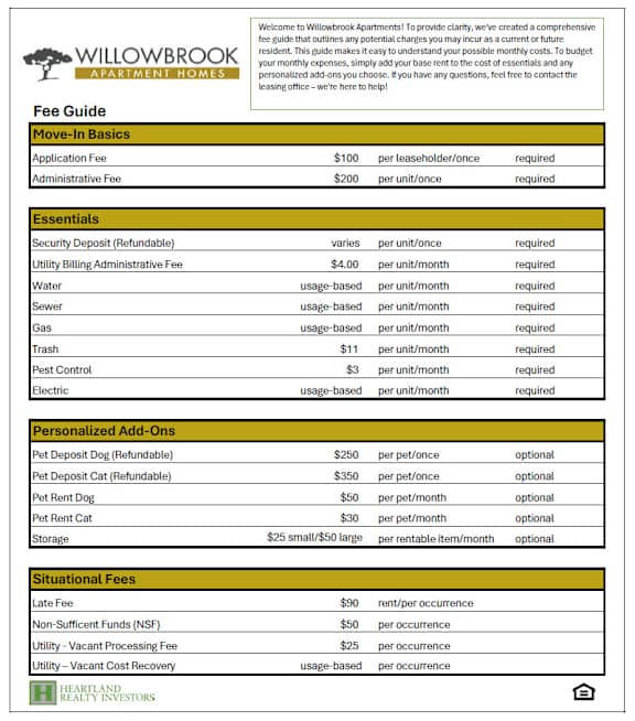 A fee guide for Willowbrook Apartment Homes is displayed, detailing various fees and charges for residents.