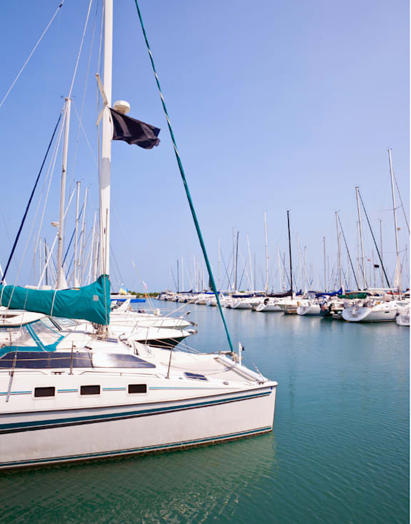 Sailboats moored at Montrose Harbor near Clarendon Shores apartments in Uptown Chicago, offering residents quick access to the waterfront and lake activities.