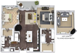 Franklin Loft 3D. 2 bedroom apartment. Stairs to loft. Kitchen with island open to living/dinning room. 2 full bathrooms, double vanity in master. Walk-in closets. Patio/balcony.