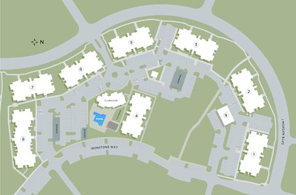 A map of a residential area with numbered houses and a blue swimming pool.