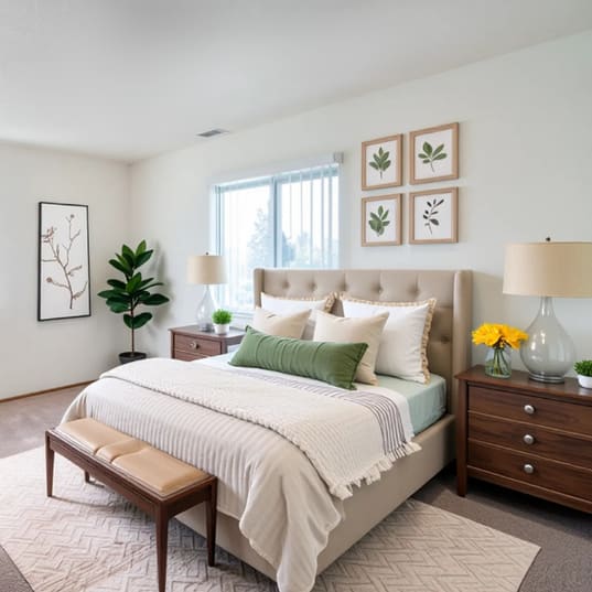 A bedroom with a large bed, a bench, and a plant.