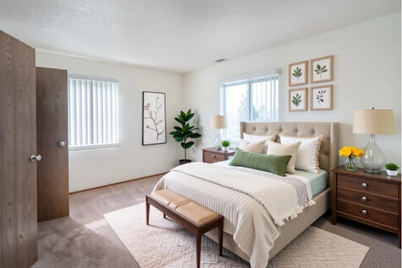 A bedroom with a large bed, a bench, and a plant.