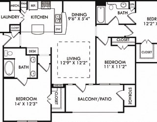 The Lake Placid. 3 bedroom apartment. Kitchen with bartop open to living/dining rooms. 2 full bathrooms, double vanity in master. Walk-in closets. Patio/balcony.