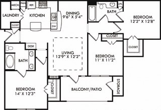 The Lake Placid. 3 bedroom apartment. Kitchen with bartop open to living/dining rooms. 2 full bathrooms, double vanity in master. Walk-in closets. Patio/balcony.