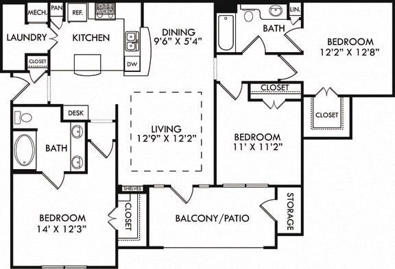 The Lake Placid. 3 bedroom apartment. Kitchen with bartop open to living/dining rooms. 2 full bathrooms, double vanity in master. Walk-in closets. Patio/balcony.