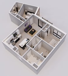 Tuxedo Style A - 2 bed, 2 bath apartment 3D floor plan