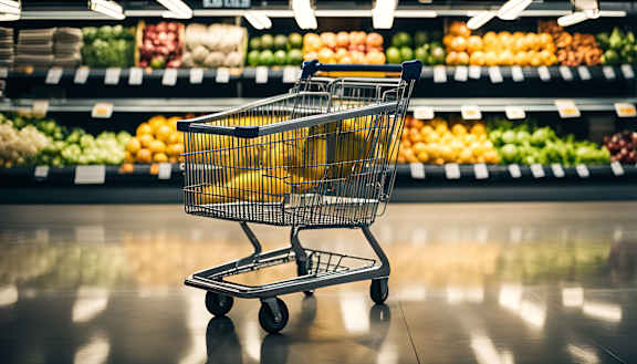 A shopping cart is empty and is in the foreground of a grocery store aisle.