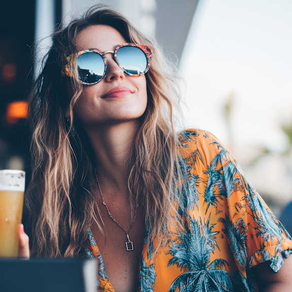 A woman in a tropical shirt and sunglasses is holding a glass of beer.