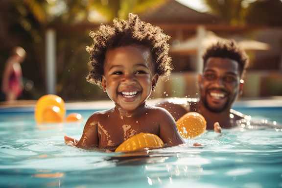 A young child is smiling in a pool with a man behind him.