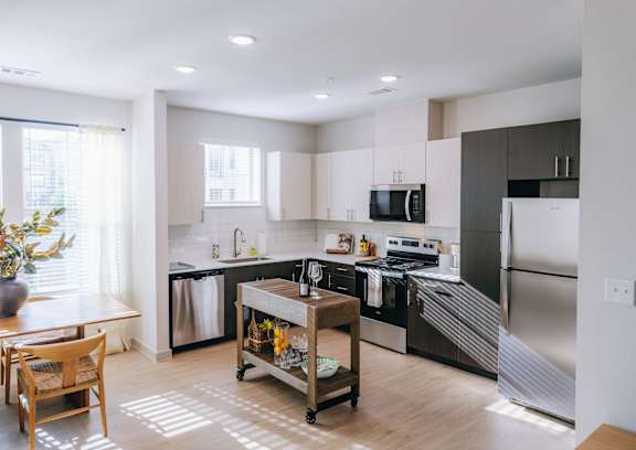 Modern kitchen with stainless steel appliances at Northwoods, Texas
