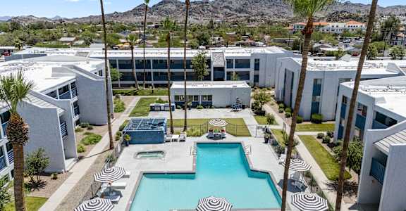 A pool surrounded by palm trees and buildings.