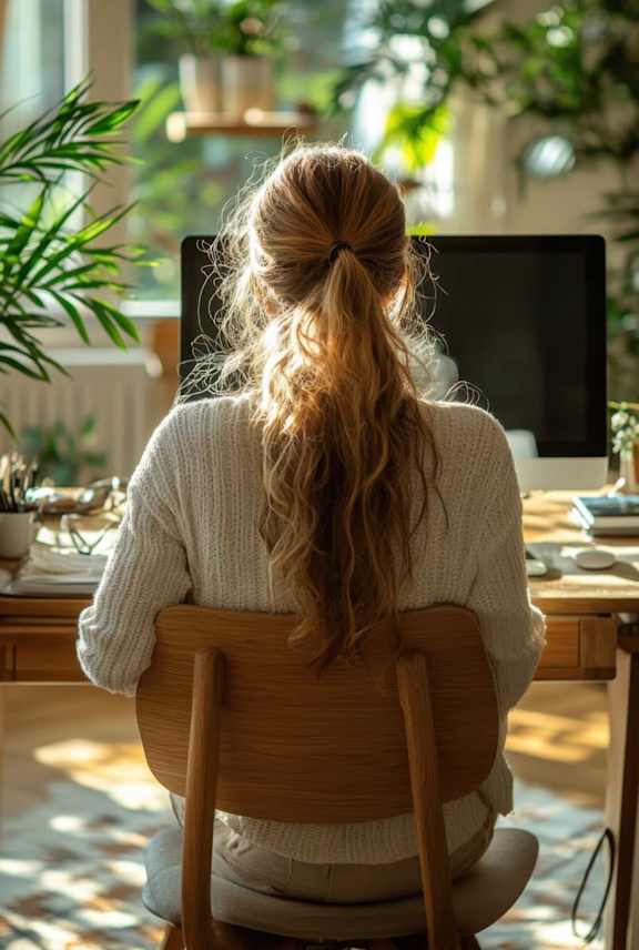 A woman with her back to the camera is sitting at a desk with a computer.