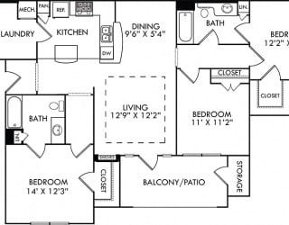 The Prague. 3 bedroom apartment. Kitchen with bartop open to living/dining rooms. 2 full bathrooms. Walk-in closets. Patio/balcony.