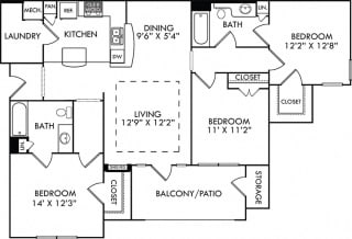 The Prague. 3 bedroom apartment. Kitchen with bartop open to living/dining rooms. 2 full bathrooms. Walk-in closets. Patio/balcony.