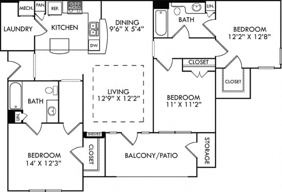 The Prague. 3 bedroom apartment. Kitchen with bartop open to living/dining rooms. 2 full bathrooms. Walk-in closets. Patio/balcony.