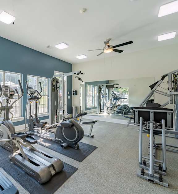 the gym is equipped with cardio equipment and state of the art equipment for fitness training at Abbington Place Apartments, North Carolina, 27407