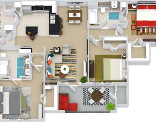 The Lake Placid 3D. 3 bedroom apartment. Kitchen with bartop open to living/dining rooms. 2 full bathrooms, double vanity in master. Walk-in closets. Patio/balcony.