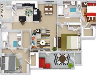 The Prague 3D. 3 bedroom apartment. Kitchen with bartop open to living/dining rooms. 2 full bathrooms. Walk-in closets. Patio/balcony.