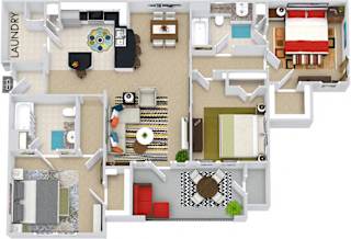 The Prague 3D. 3 bedroom apartment. Kitchen with bartop open to living/dining rooms. 2 full bathrooms. Walk-in closets. Patio/balcony.