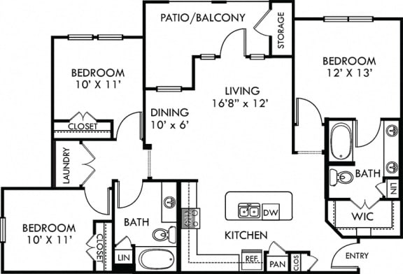 Rio Grande. 3 bedroom apartment. Kitchen with island open to living/dinning rooms. 2 full bathrooms, double vanity in master. Walk-in closets. Patio/balcony.