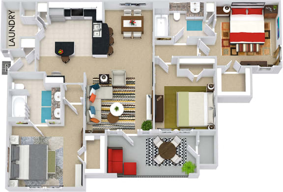 The Lake Placid 3D. 3 bedroom apartment. Kitchen with bartop open to living/dining rooms. 2 full bathrooms, double vanity in master. Walk-in closets. Patio/balcony.