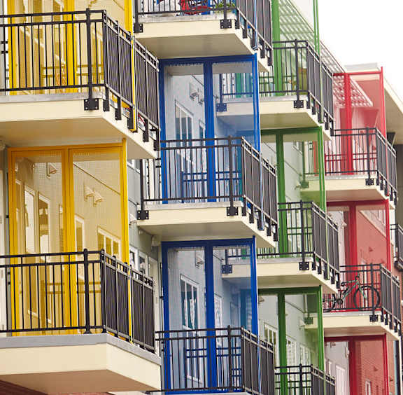 Outdoor balconies at The Cole Apartments, Columbus, Indiana