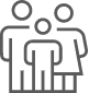 A black and white icon of two people with a circle above their heads.