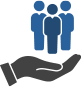 Three people standing together with a grey shape below them.