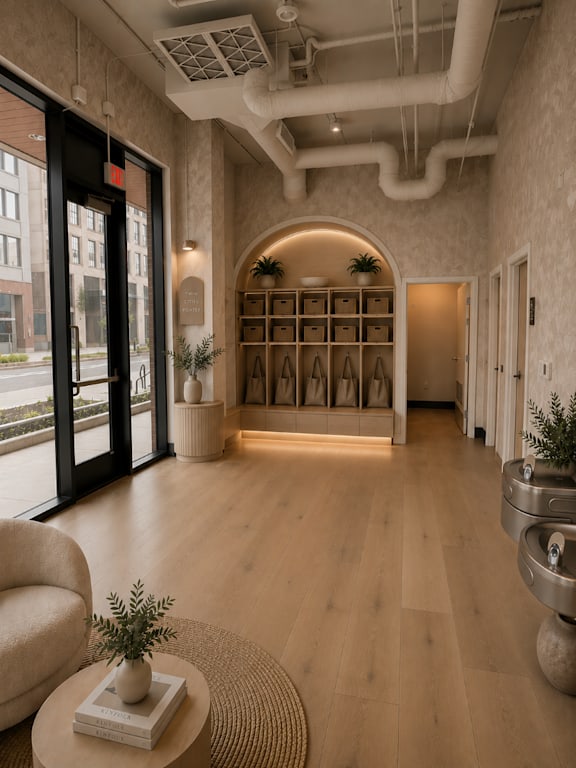 A room with a wooden floor and a large arched doorway with shelves behind it.