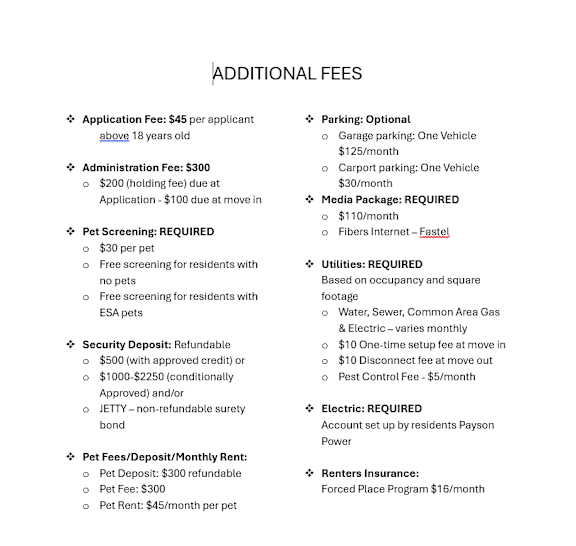 A document detailing various additional fees for a service or program.