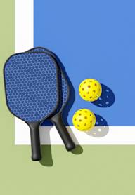 A blue paddle and two yellow balls are on a green surface.