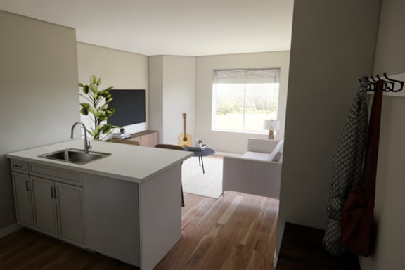 A kitchen with a sink and a window.