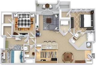 Caraway 3D. 3 bedroom apartment. Kitchen with bartop open to living/dinning rooms. 2 full bathroom. Walk-in closets. Patio/balcony.