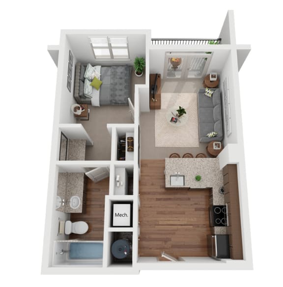 1 bed 1 bath floor plan D at Canalside, Georgia, 30901
